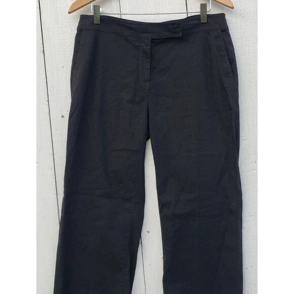$228 Eileen Fisher Black LINEN Blend Straight Trouser Pants W/ Tab Petite Sz 12P
